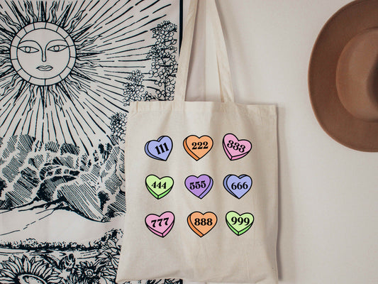 Candy heart angel numbers tote bag