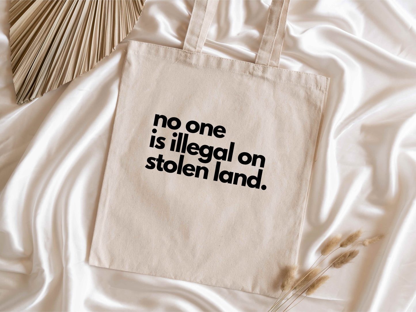 No one is illegal on stolen land tote bag